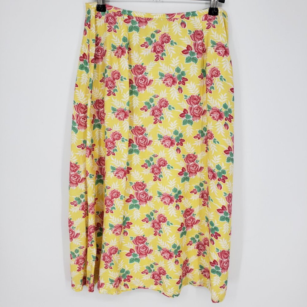 3/$25 Liz Claiborne Vintage 90s Rose Floral Midi Skirt 4P  Yellow Red Coquette